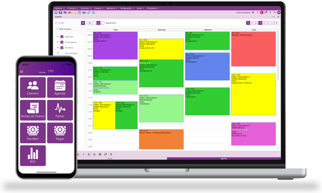 Laptop e smartphone com telas do melhor Sistema para Estética Integrativa - Belle Software
